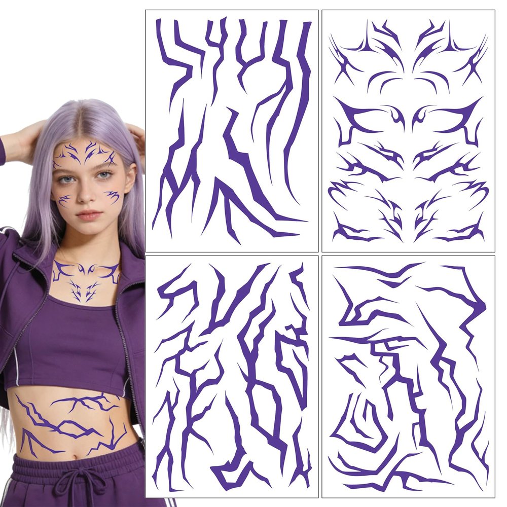 4 Sheets Demon Energy Pattern Temporary Tattoos - Purple Lightning Design