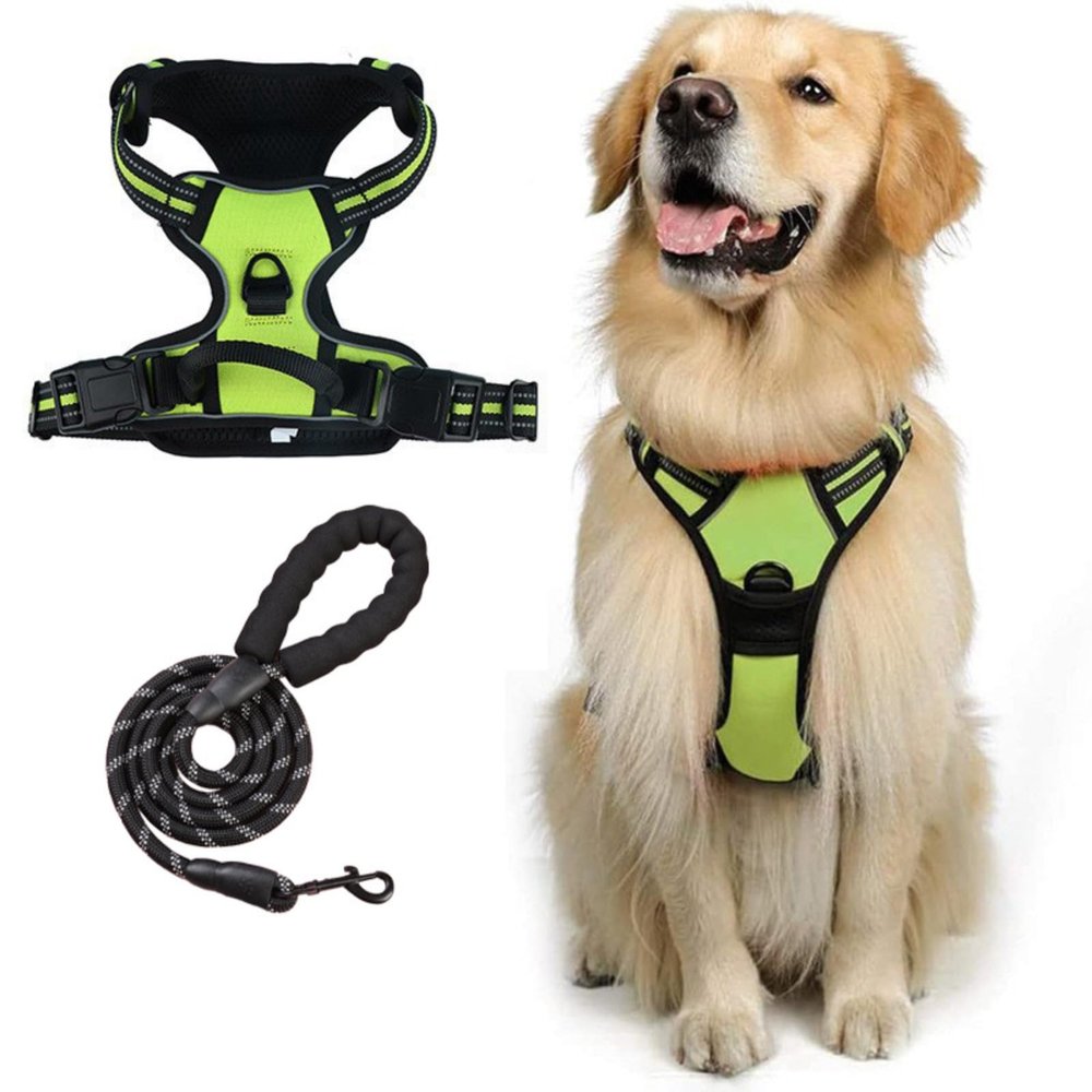Wuffy No-Pull Dog Harness, Reflective, Adjustable, Padded, with Handle (M, 15–35 kg, Green + Cord)