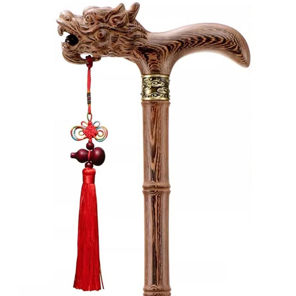 VNVFJKLO Bamboo-Style Walking Cane with Dragon Head, Hand-Carved Wenge Wood, 82 cm