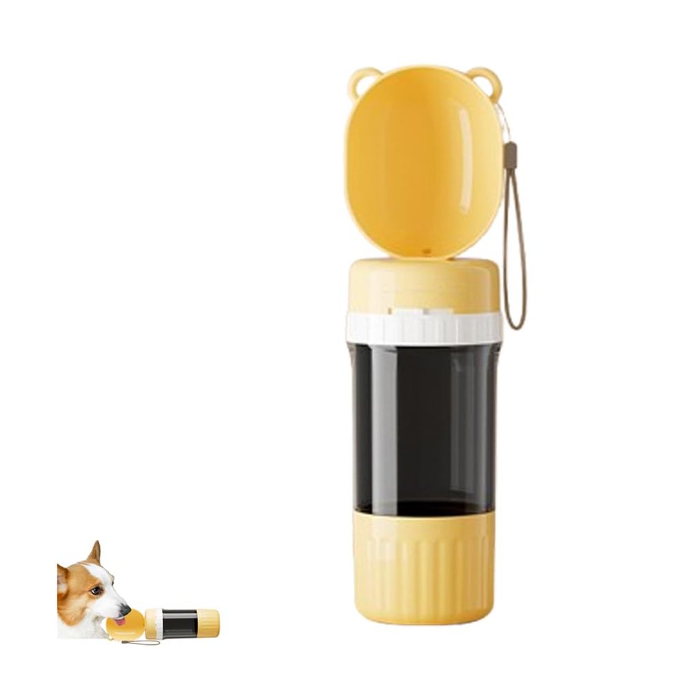 Portable Dog Water Bottle with Food Container, 2-in-1 Leak-Proof Pet Drinking Cup for Outdoor Walks, Hiking and Travel, Lightweight Water Dispenser for Small to Medium Dogs, Yellow