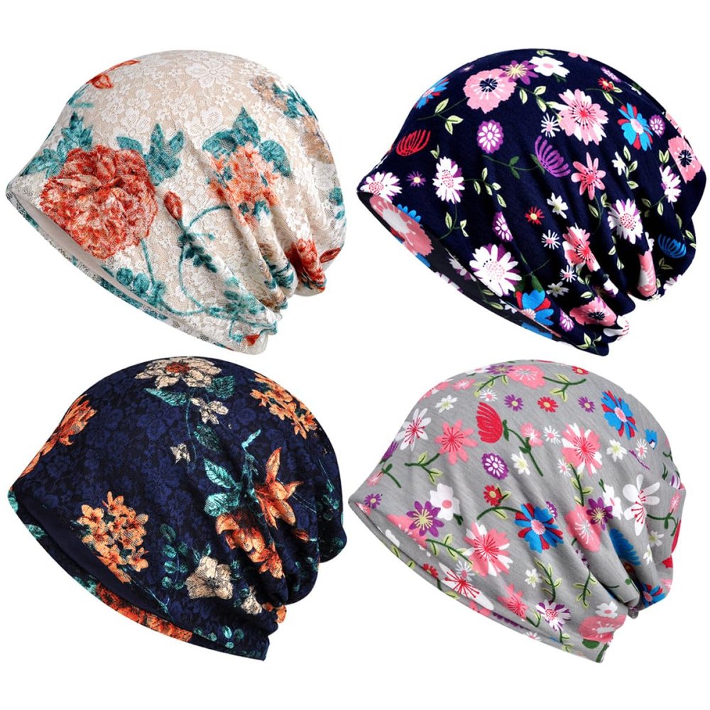 Tofficu Thin Pointed Sleep Caps with Floral Pattern, 4-Pack, Cotton, Breathable and Flexible, Assorted Styles for Women and Girls