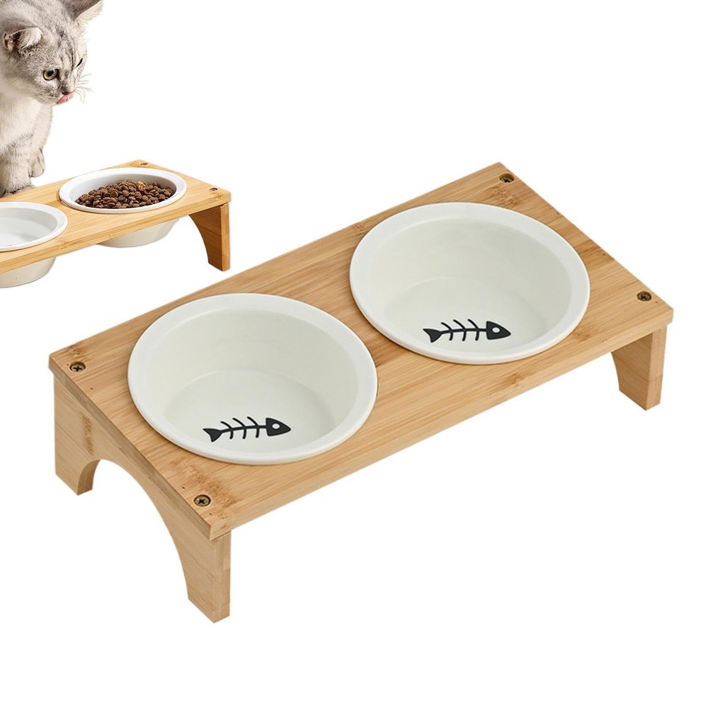 Elevated Angled Cat Bowl with Non-Slip Wooden Base
