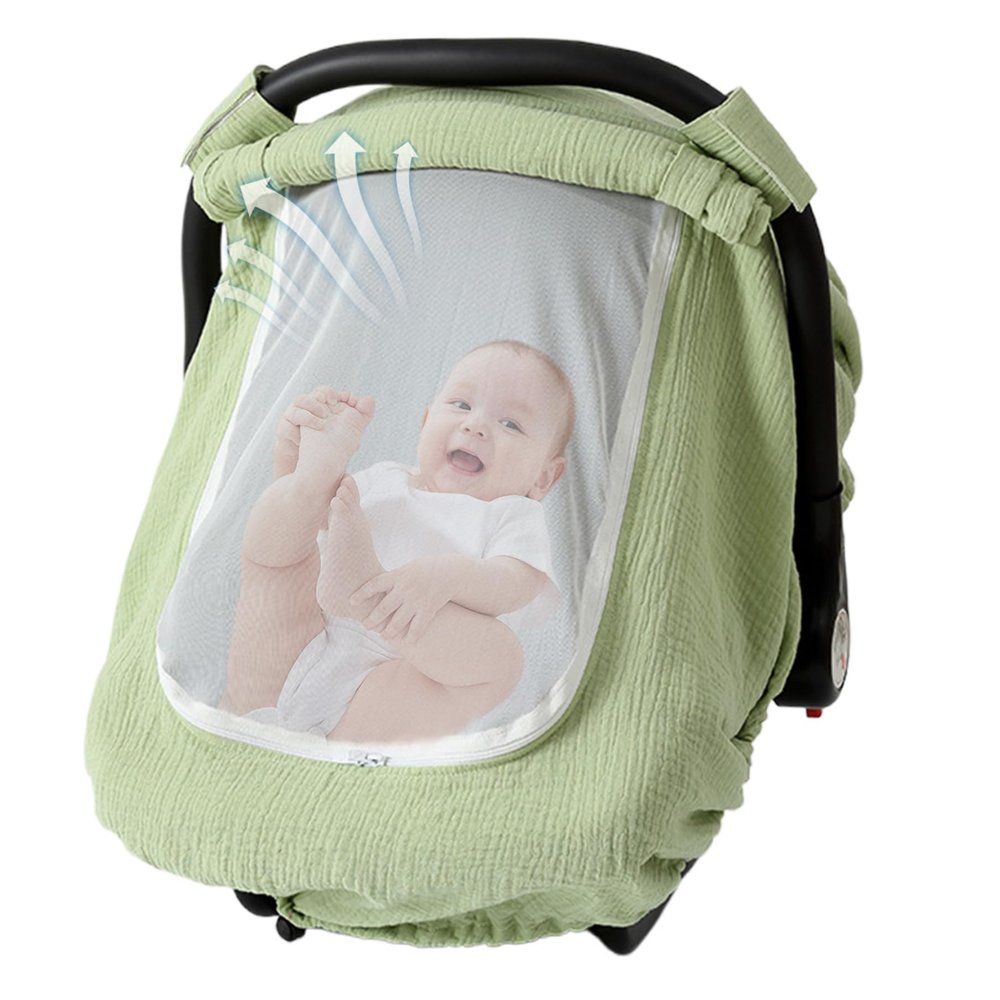 Baby Car Seat Cover, 360° Protection, Cotton Gauze, Mint Green