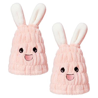 HOMOCONO 2-Pack Quick-Drying Coral Fleece Hair-Drying Towels with Bunny Ears, Absorbent Hair Turbans for Swimming and Spa Days, Pink