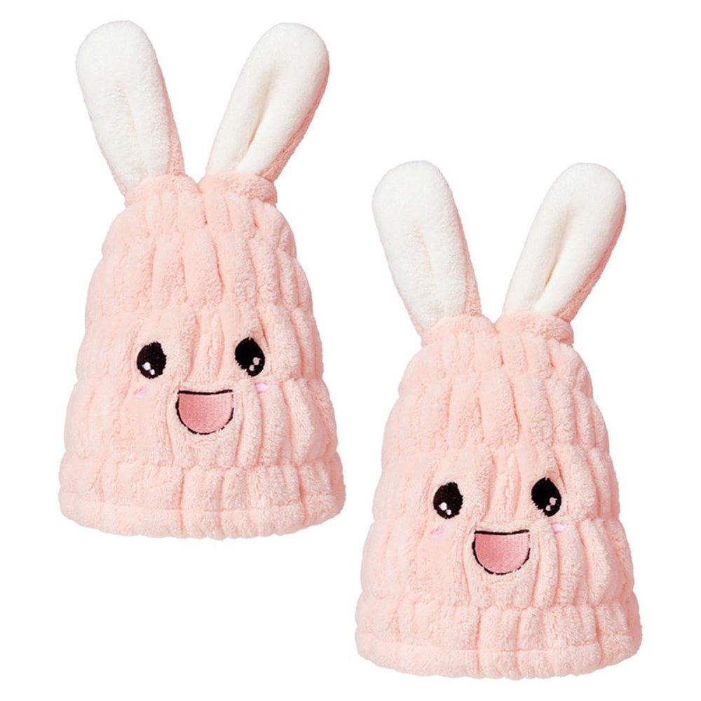 HOMOCONO 2-Pack Quick-Drying Coral Fleece Hair-Drying Towels with Bunny Ears, Absorbent Hair Turbans for Swimming and Spa Days, Pink