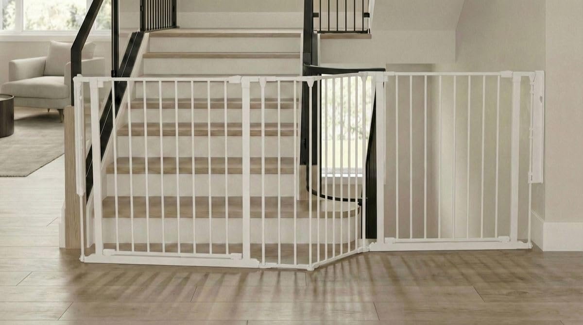 Safetots Two-Door Stair Gate Set, White, 207 cm Overall Length, Screw-Mounted, 70 cm High