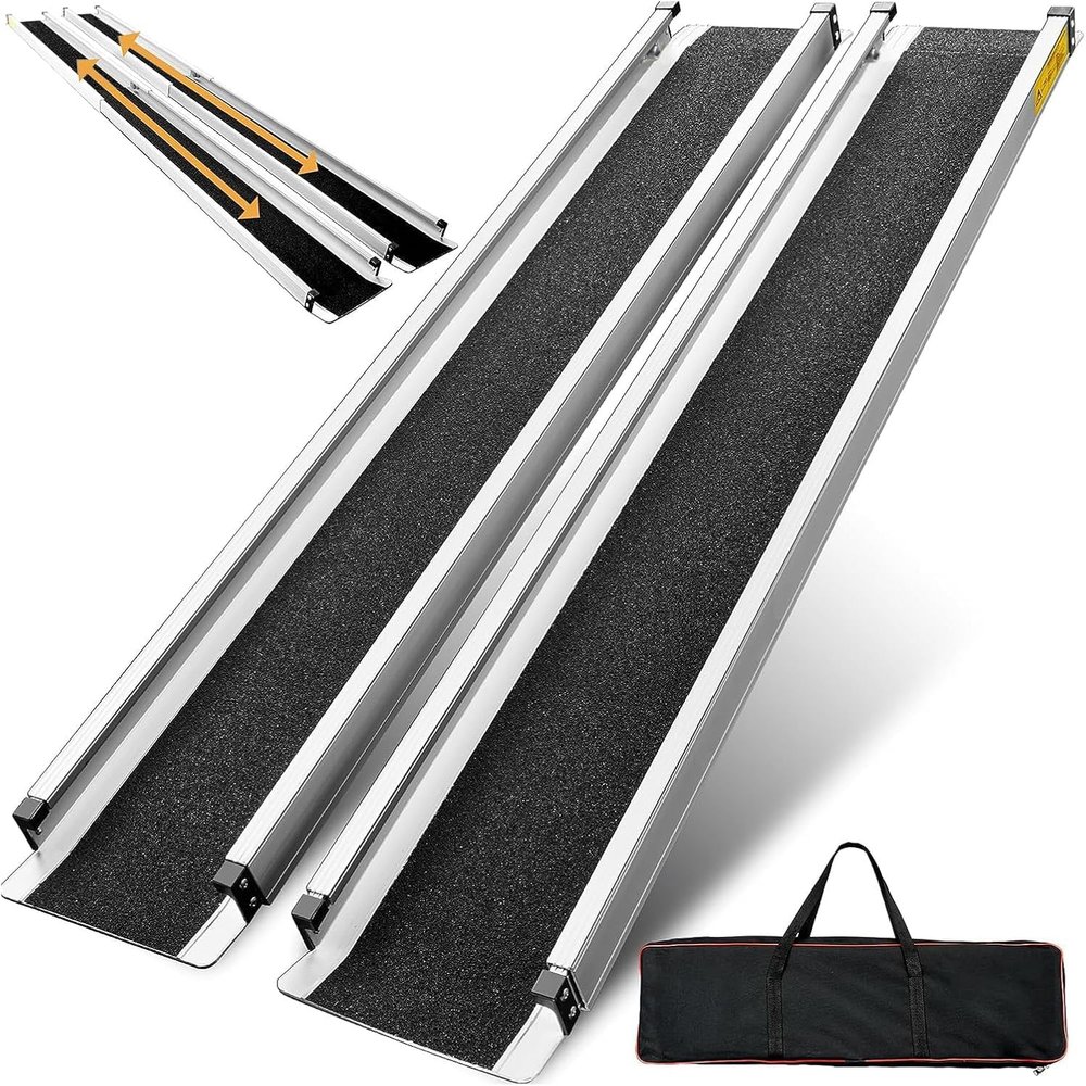 Portable Aluminum Wheelchair Ramps, 272 kg Capacity, 2-Piece Telescoping Ramps with Carry Bag, Silver, 7 ft