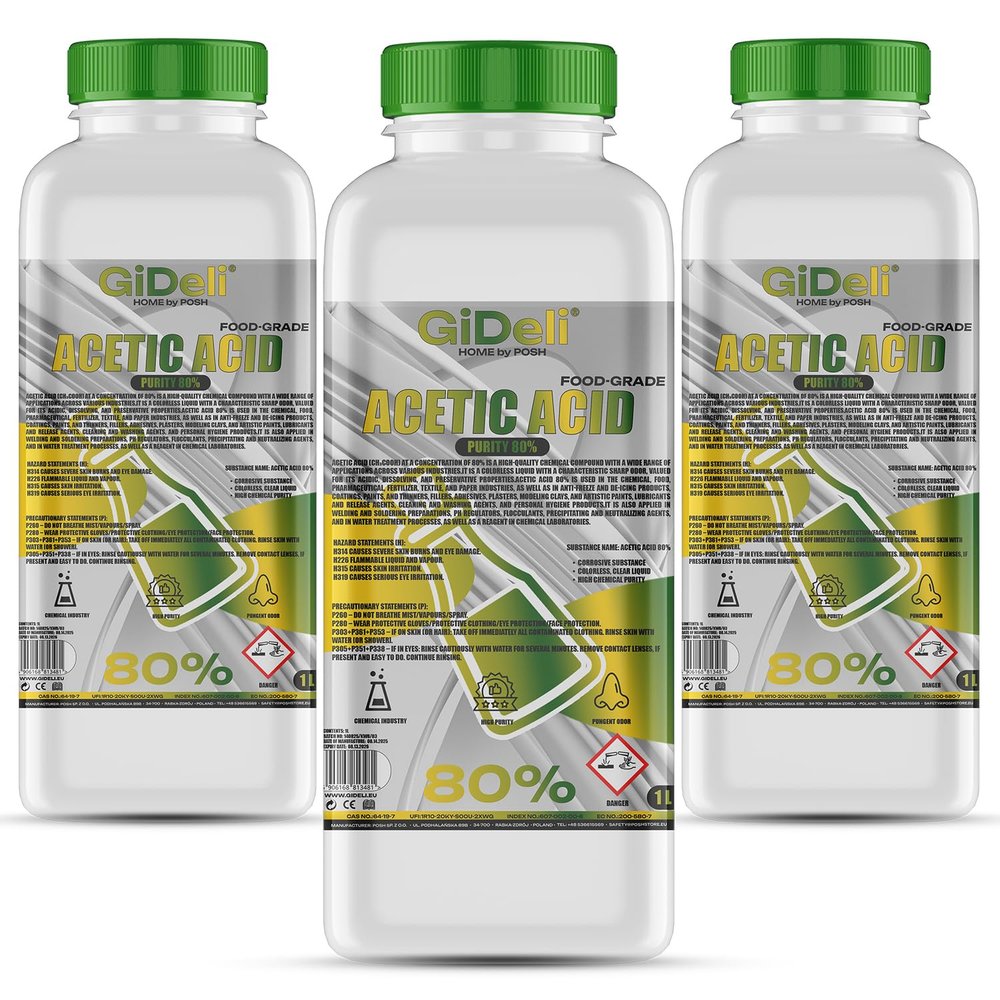 GiDeli 80% Acetic Acid, 3 x 1 L – Strong Vinegar for Cleaning, Descaling, Household Use, Odor Removal and Food Preservation