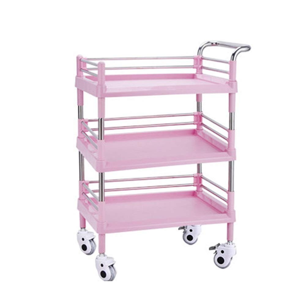 JKJZSALJ Mobile Transport Cart for Beauty Salons, 3-Tier Hotel Cart with Handle, Rolling Plastic Cleaning Cart for Restaurants, 75 kg Capacity, Pink, Size M