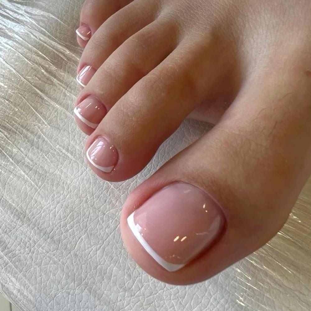 MouyouGlow 24-Piece Short Square Press-On Toenails, French White Tips with Nude Sheer Base