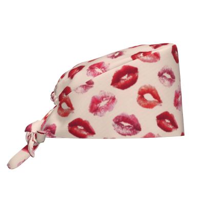 KWQDOZF Work Cap with Lip-Kiss Print (2), Tie-On Adjustable Turban with Sweatband for Women and Men