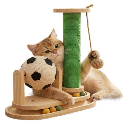 Wooden Interactive Vertical Cat Scratcher with Catnip Ball