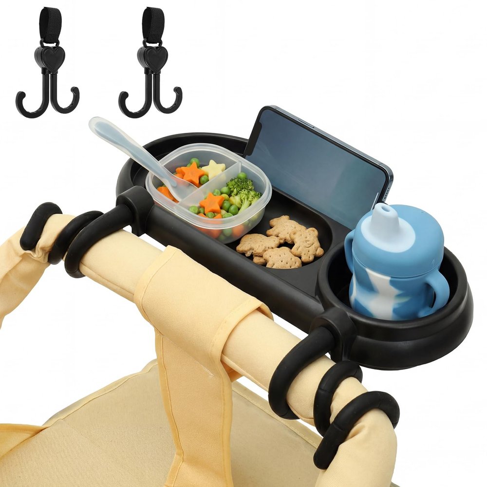 Stroller Snack Tray with Cup Holder, Phone Holder and 2 Hooks, Black