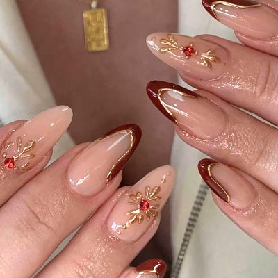 Ceboic 24-Piece Almond French Press-On Nails, Medium, Red Rhinestones and Gold Flowers
