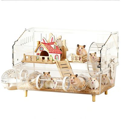 Hamster House - Two-Story Transparent Habitat with Wheel, Water Bottle, and Toilet