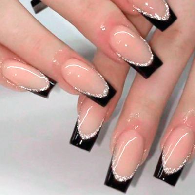 Ceboic 24-Piece Medium Square Black French Press-On Nails with Silver Glitter