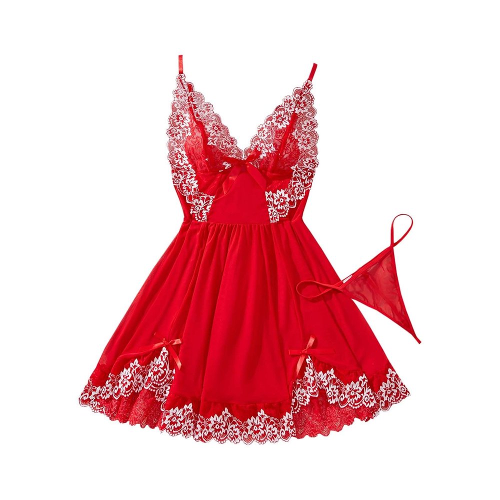 Genrico Sexy Mesh Lingerie Nightwear for Men, Women's Boudoir Nightwear, Sexy Women's Lingerie, Lace Babydoll with Robe, Red, Medium