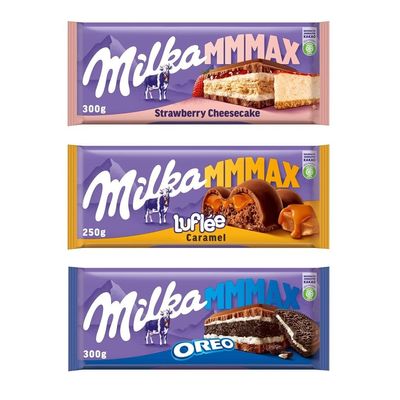 Milka MMMAX Chocolate Mix, 3 Varieties: Oreo 300 g, Strawberry Cheesecake 300 g, Lufle Caramel 250 g, Large 850 g Pack
