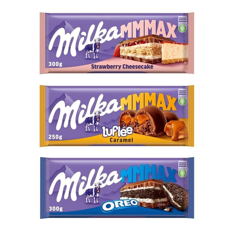 Milka MMMAX Chocolate Mix, 3 Varieties: Oreo 300 g, Strawberry Cheesecake 300 g, Lufle Caramel 250 g, Large 850 g Pack
