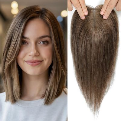 Human Hair Topper for Women with Thinning Hair, 3 x 4.5-Inch Improved Swiss Lace Base, Medium Auburn Brown