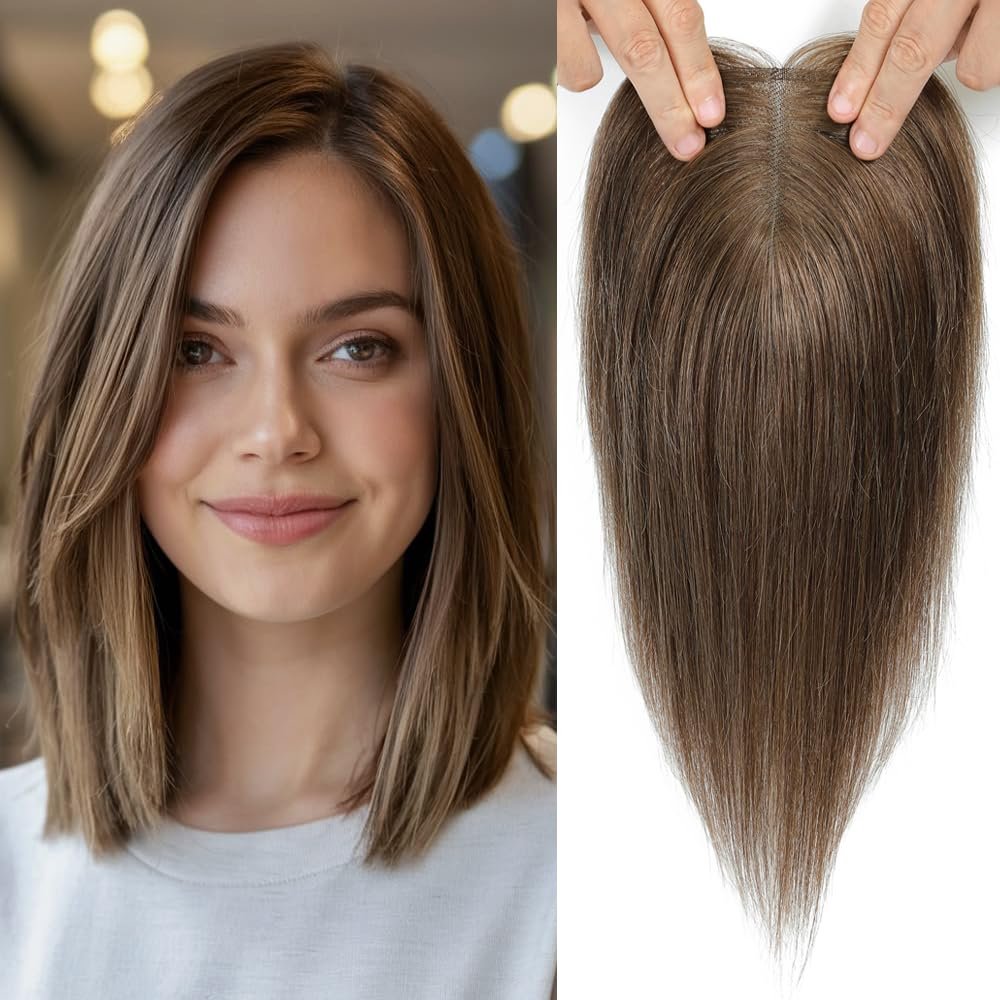Human Hair Topper for Women with Thinning Hair, 3 x 4.5-Inch Improved Swiss Lace Base, Medium Auburn Brown