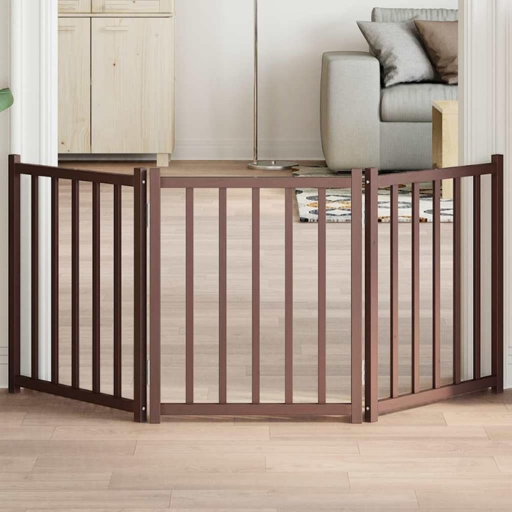 Lumanois 3-Piece Foldable Dog Gate, Brown Oak, 150 cm, Solid Fir Wood, 2.5 kg, 352292