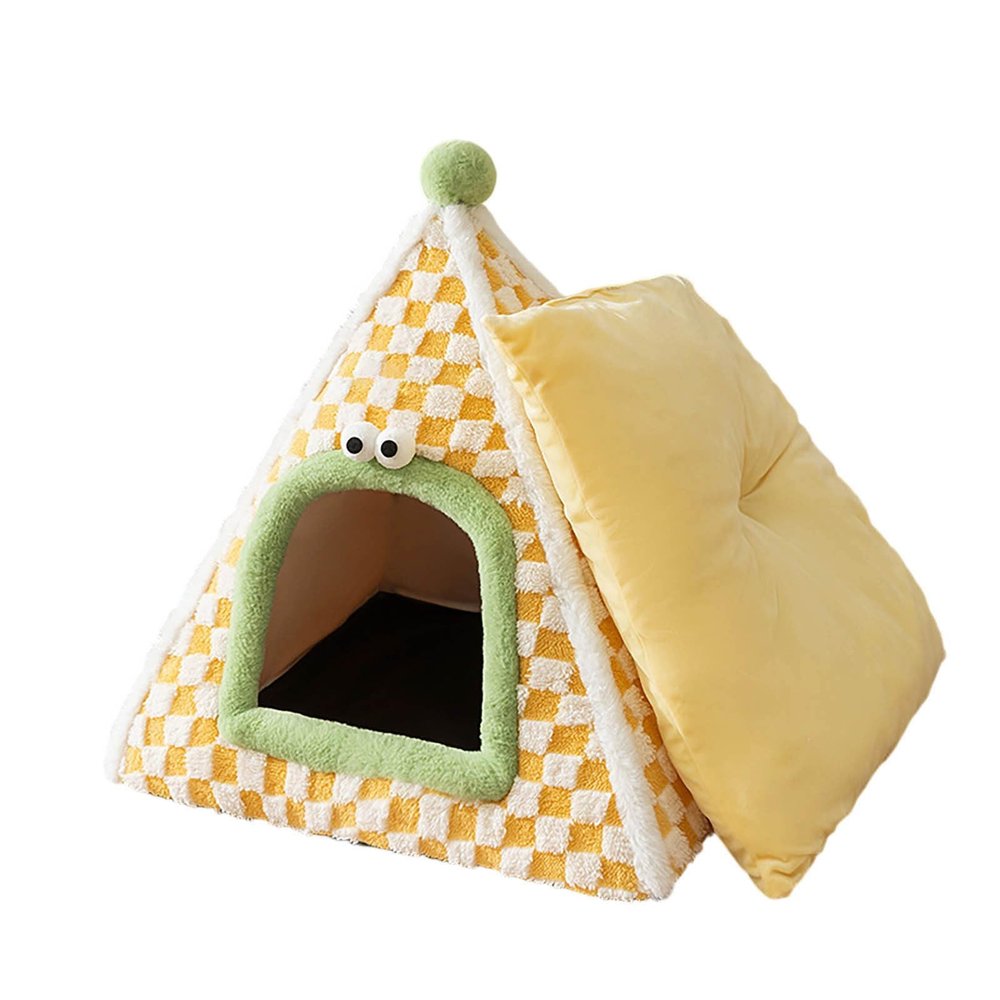 Feizikaw Insulated Winter Cat Bed for Balconies, Cozy Warm Tent Design for Small and Medium Cats, Indoor/Outdoor (Yellow, 47 x 46 x 48 cm)
