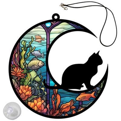 Operitacx Acrylic Cat Hammock with Moon Design, Colorful Hanging Decoration for Windows and Porches
