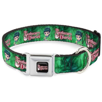 Crunchyroll Dog Collar, Metal Seat Belt Buckle, The Apothecary Diaries Maomao Grinding Pose and Logo, Green, 28.9 cm to 41.5 cm, 2.5 cm Wide