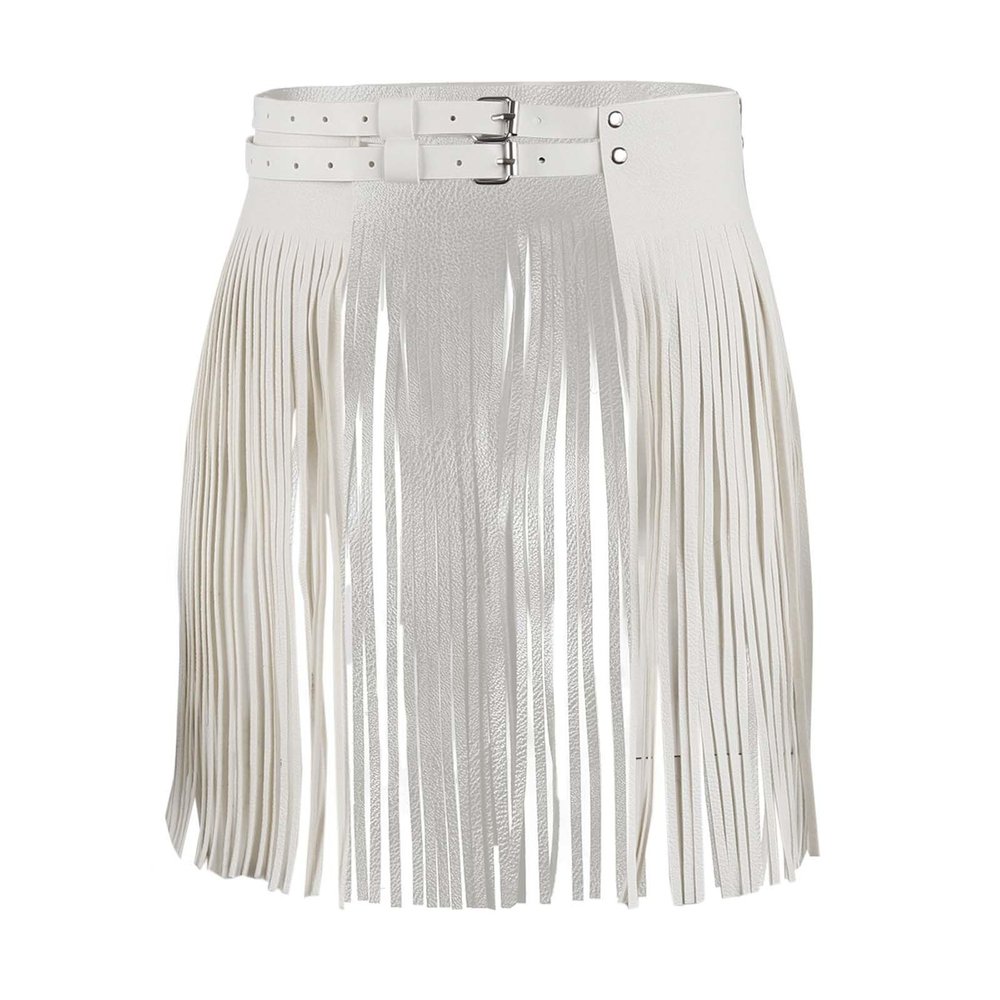 Halloween Harness Fringe Skirt for Clubwear and Fashion Performances, Open-Crotch Half-Dress (White, One Size)