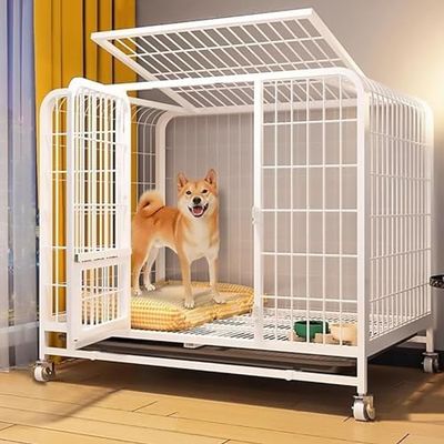 Indoor Dog Crate with Double Doors, Locking Wheels and Removable Tray for Medium to Large Dogs