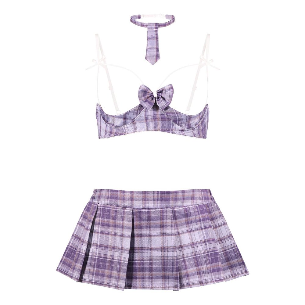 Sexy Lingerie Set for Women, Playful Cosplay Uniform, Mini Tartan Costume, Cutout Push-Up Bra and Panty Set, Purple