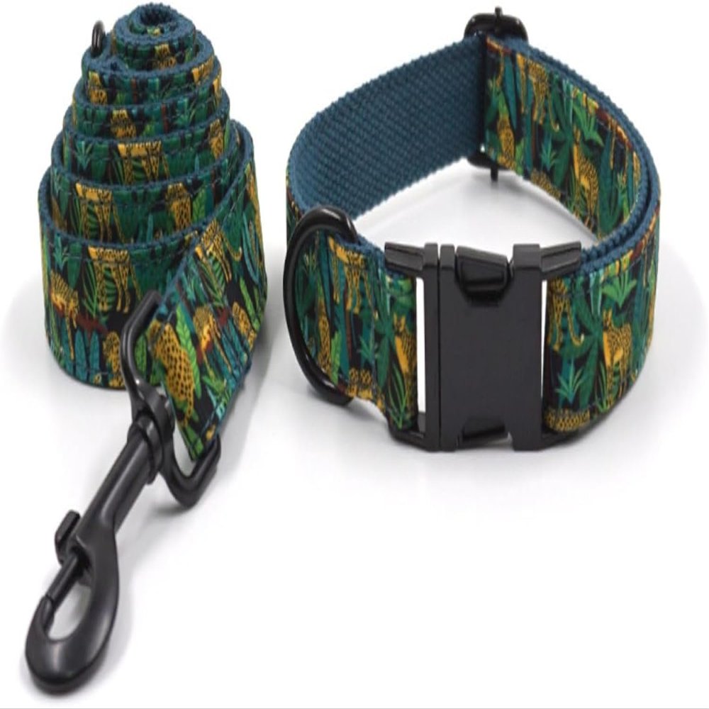 Dog Collar and Leash Set with O-Ring Handle, Green, S