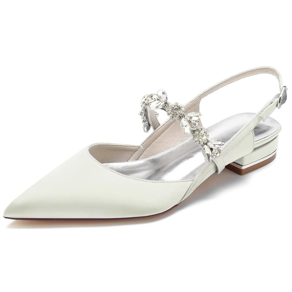 HNVAVQ Women's Bridal Slingback Shoes, Rhinestone Strap, Pointed Closed-Toe, 2.5 cm Heel, White/Ivory