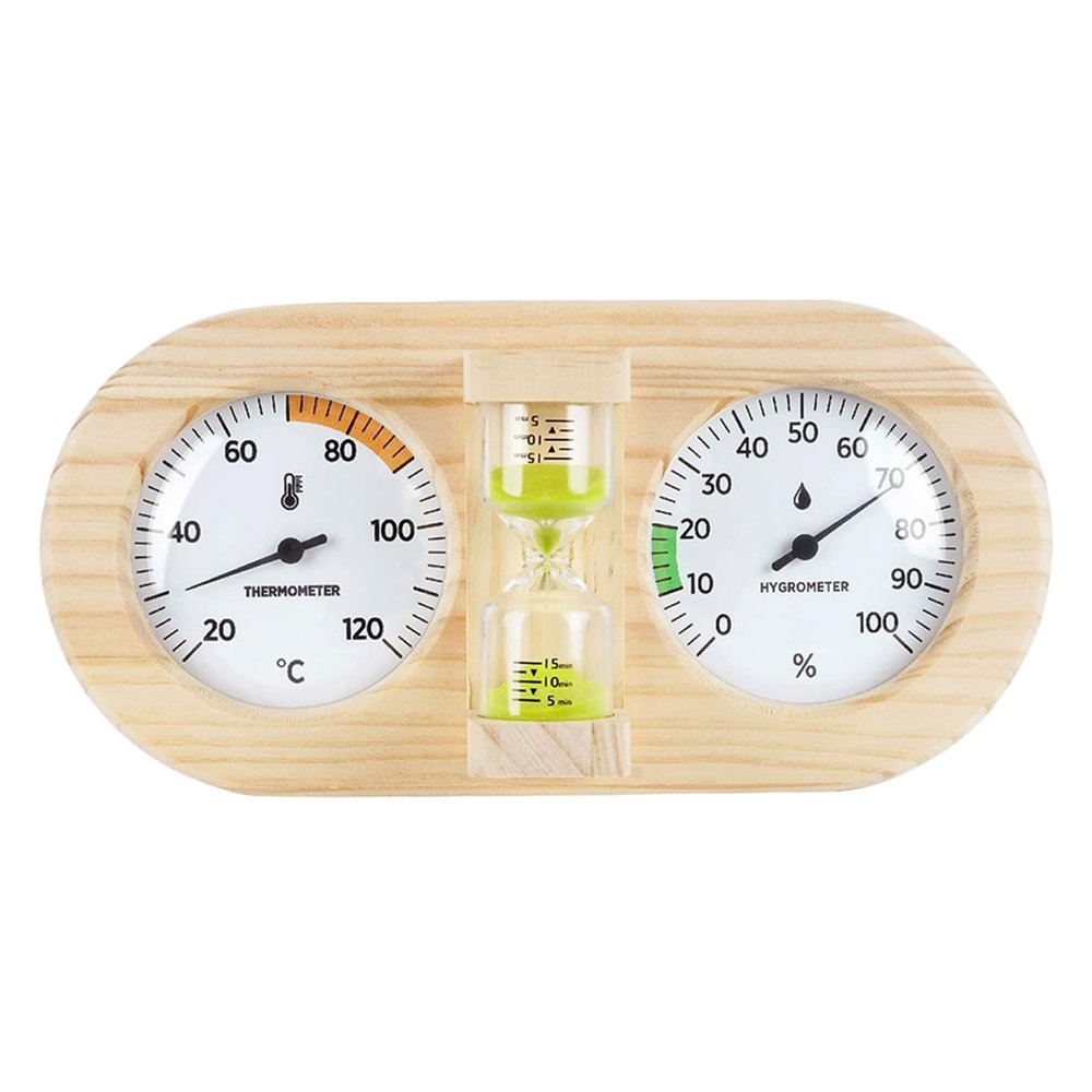 3-in-1 Wooden Sauna Thermometer and Hygrometer with 15-Minute Hourglass, Green, Fahrenheit