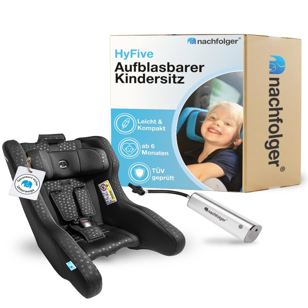 nachfolger HyFive Inflatable Travel Car Seat for Children 6 Months–4 Years, 4.6 kg, Foldable, with Bag and Pump, Seat Belt Installation, No ISOFIX