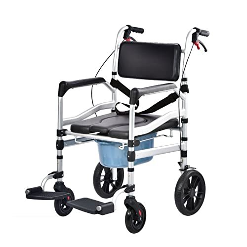 Foldable Portable Commode Chair with Hand Brakes and Padded Seat, Rolling Shower Transport Chair for Seniors and People with Disabilities