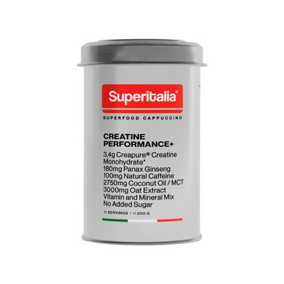 Creatine Performance+ (11 Servings) – Instant Coffee with 3.4 g Creapure Creatine Monohydrate & 100 mg Caffeine – Superfood Cappuccino by Superitalia – Official Hyrox Partner – Made in Italy
