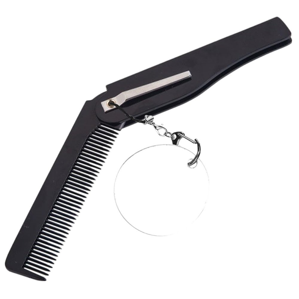 HOMOCONO Portable Folding Comb for Men with Oval Acrylic Mirror and Keychain