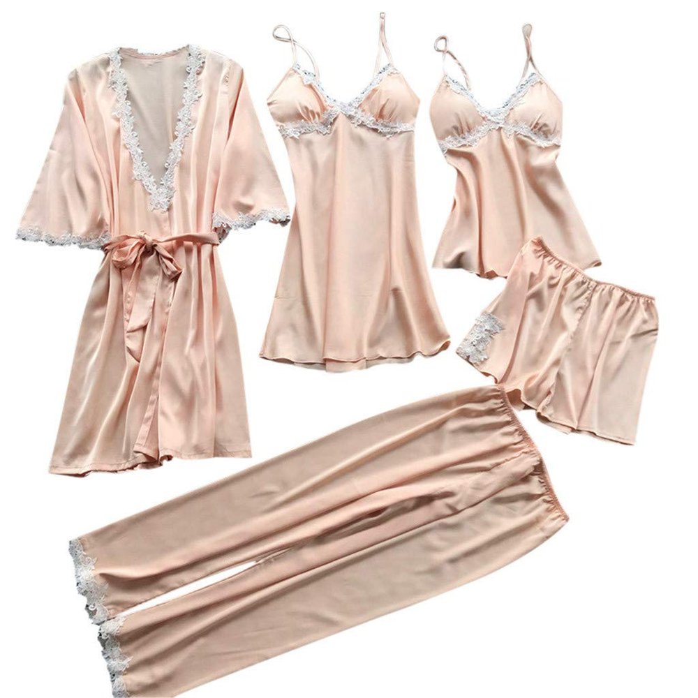 5PC Women's Sleepwear Set - Lace Nightwear (Beige M)