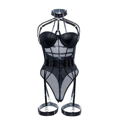 Summer Lace Lingerie Corset Set with Strappy Harness, Black, S