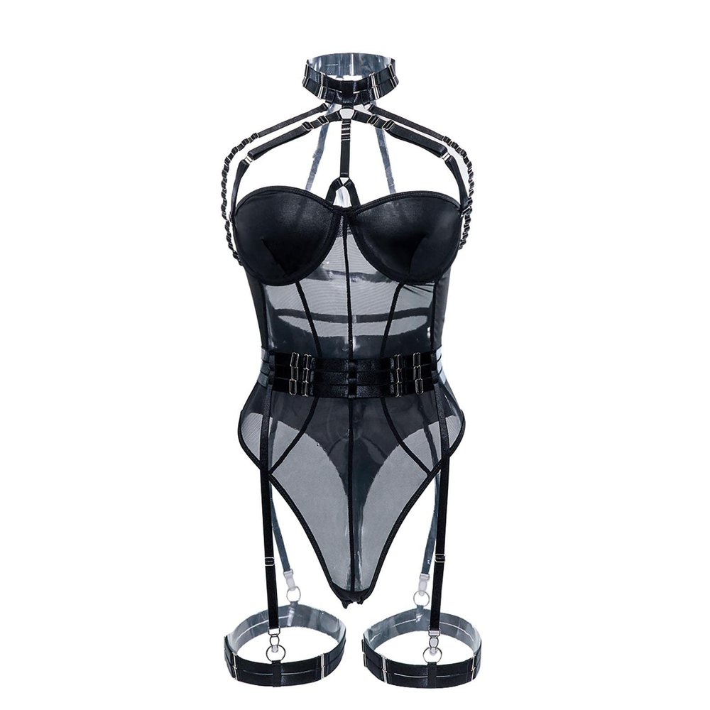 Summer Lace Lingerie Corset Set with Strappy Harness, Black, S