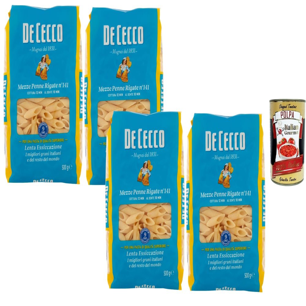 Italian Gourmet Bundle: 4 x Mezze Penne Rigate No. 141, 500 g Each, Plus Polpa