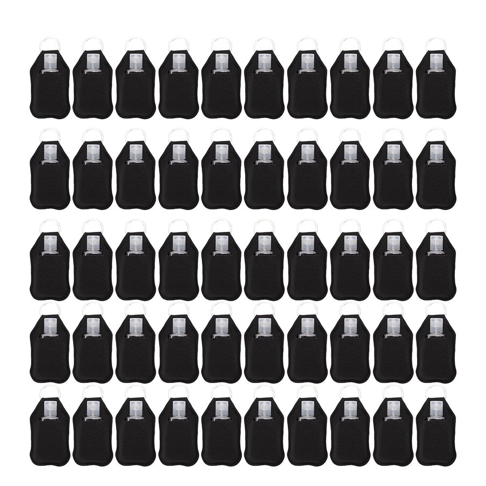 Saluaqui 50-Pack Empty Travel Bottles with Keychains, Refillable Leakproof Squeeze Bottles with Flip Caps and Neoprene Pouches