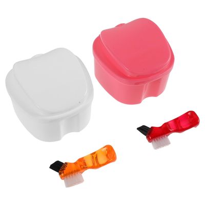 Gogogmee 2-Pack Portable Denture Cleaning Set with Double-Chamber Plastic Case, Strainer, and Brush