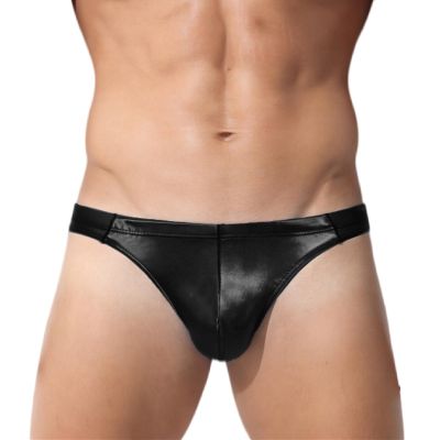 Ausing Men's PU Leather Thong with Pouch, Black, M