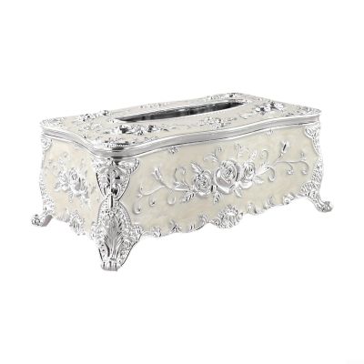 Plastic Tissue Box with European Vintage Style and Hand-Painted Floral Design (Silver)