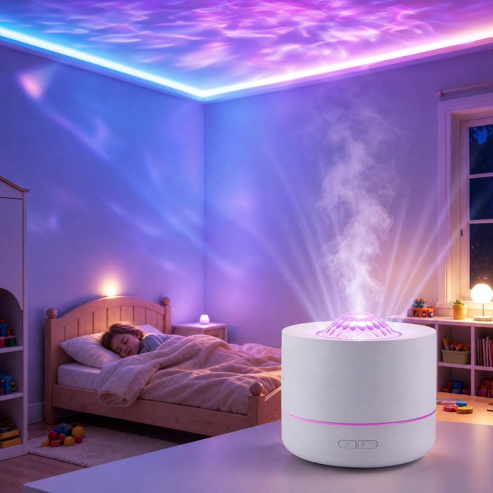 6-in-1 Aroma Diffuser Starry Sky Projector with Flame Light, 200 mL Tank, Humidifier, USB Night Light and Auto-Off