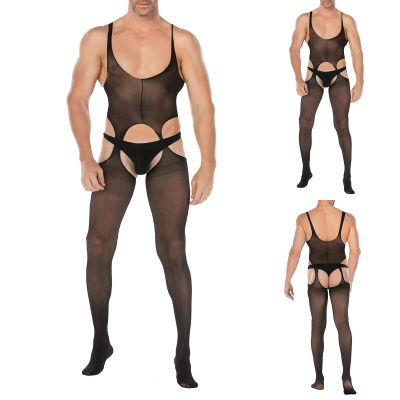 Men's Sheer Lace Underwear, Slim-Fit Cutout Bodysuit, Sleeveless Tank Top, Stockings and Open Fishnet Stockings (Black, One Size)