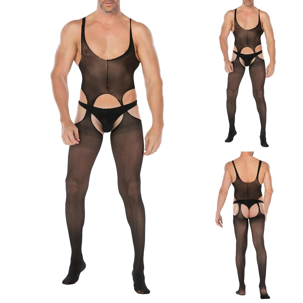 Men's Sheer Lace Underwear, Slim-Fit Cutout Bodysuit, Sleeveless Tank Top, Stockings and Open Fishnet Stockings (Black, One Size)